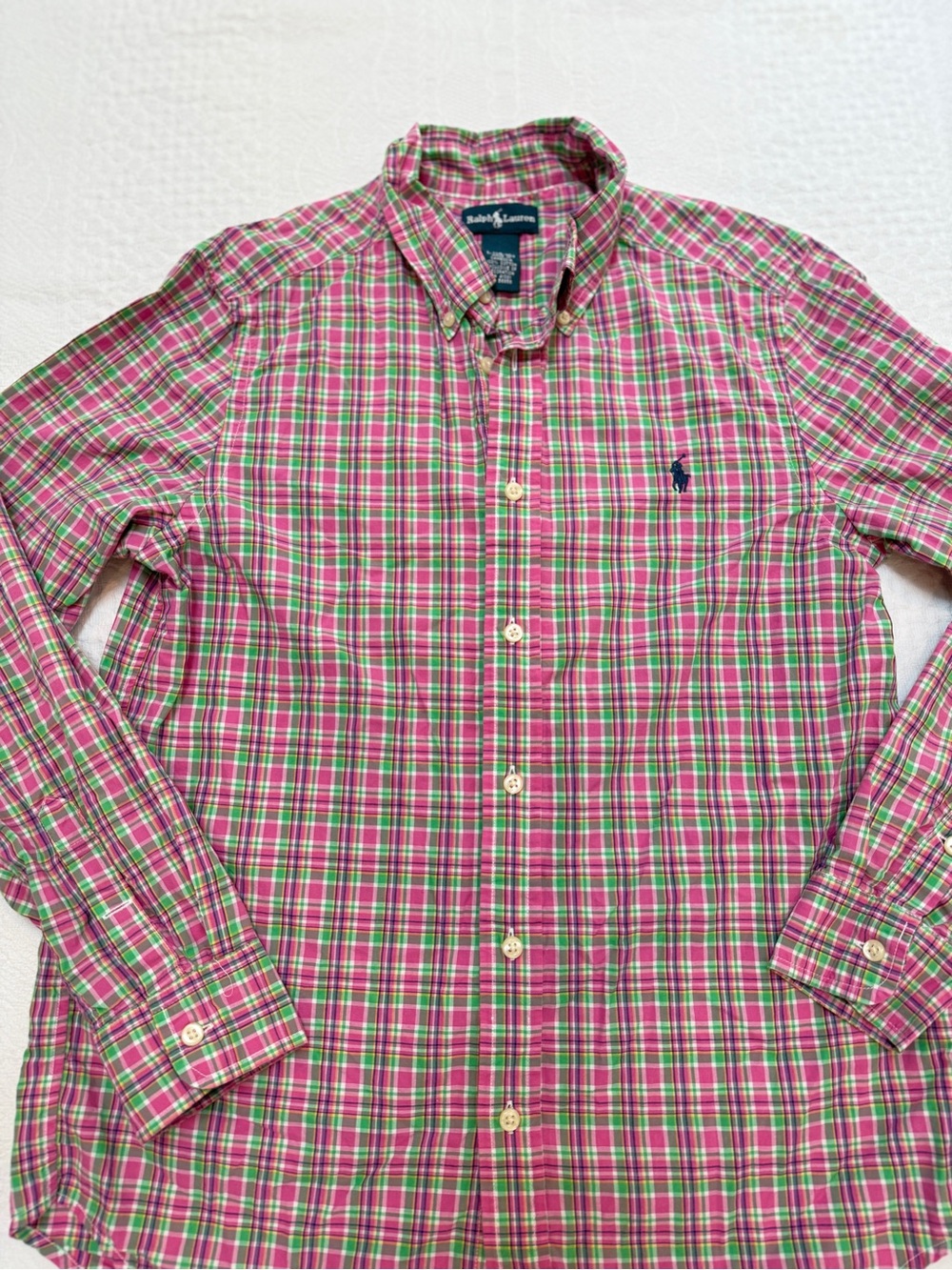 Ralph Lauren Pink Plaid Button Down Collared Shirt Boys Youth Large L 14 16